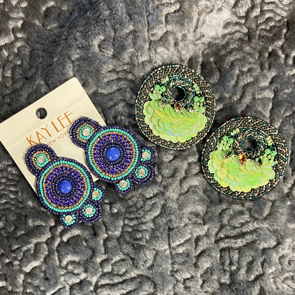 Fun Bundle of 2 Beaded Sequin Statement Earrings Kay Lee New York Lot